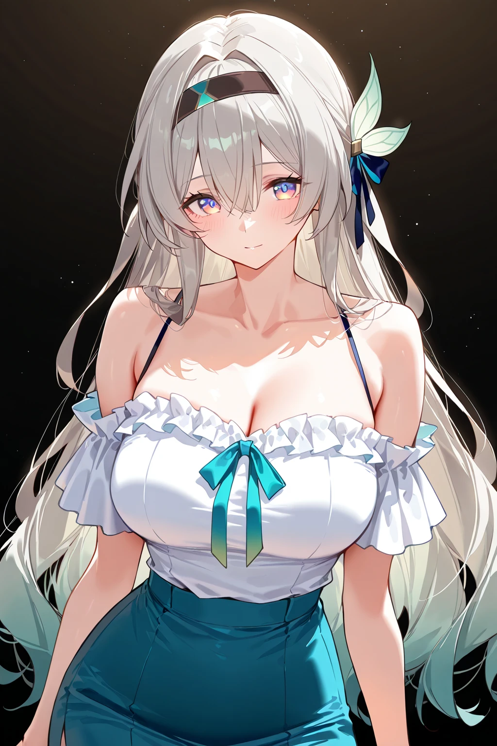 ANETTEOLGAKARASAWA, GREY HAIR, HAIR BETWEEN EYES, VERY LONG HAIR, AQUA EYES,, large breasts, live stage, solo, smile