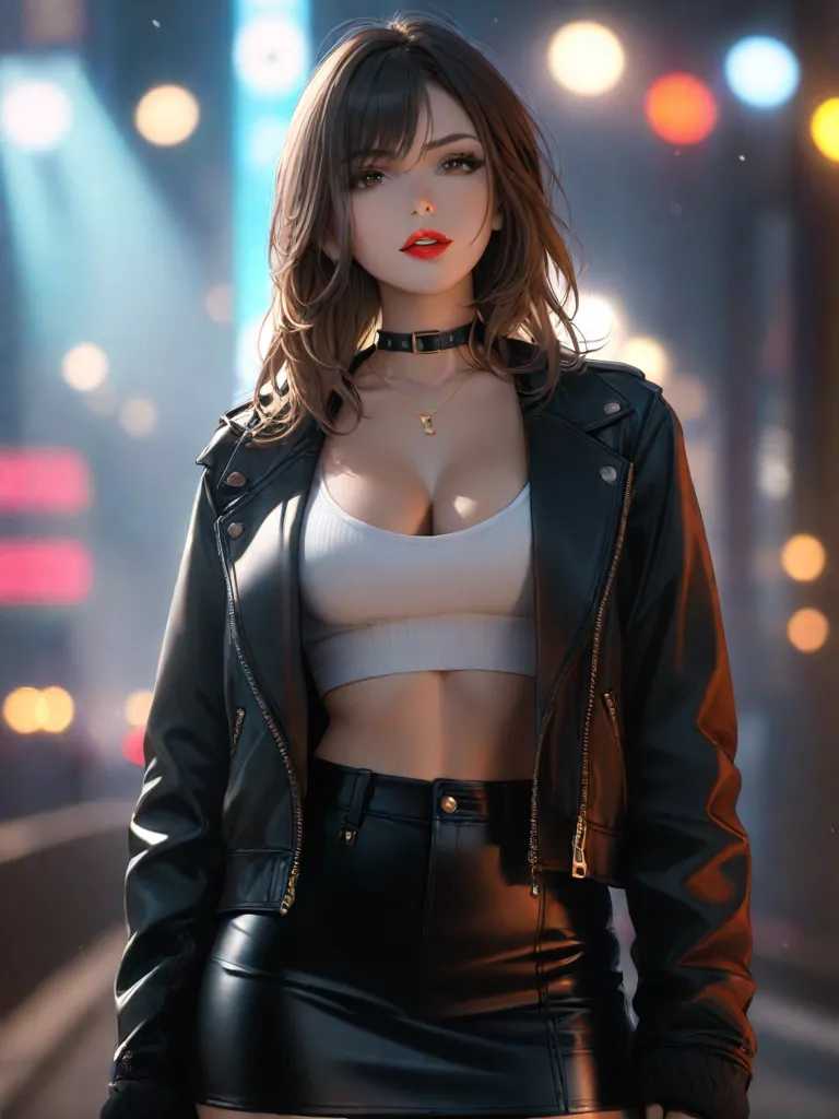 24-year-old woman、Red hair、Bob Hair((bob cut))、Lower body naked((bottomless))、T-shirt with hard rock band logo printed on it、Leather midriff jacket((midriff jacket))、Leather choker、Leather Wristbands、Heavy makeup、Place hands on hips、Stiletto heels、Rock Festival Venues、An exciting atmosphere
