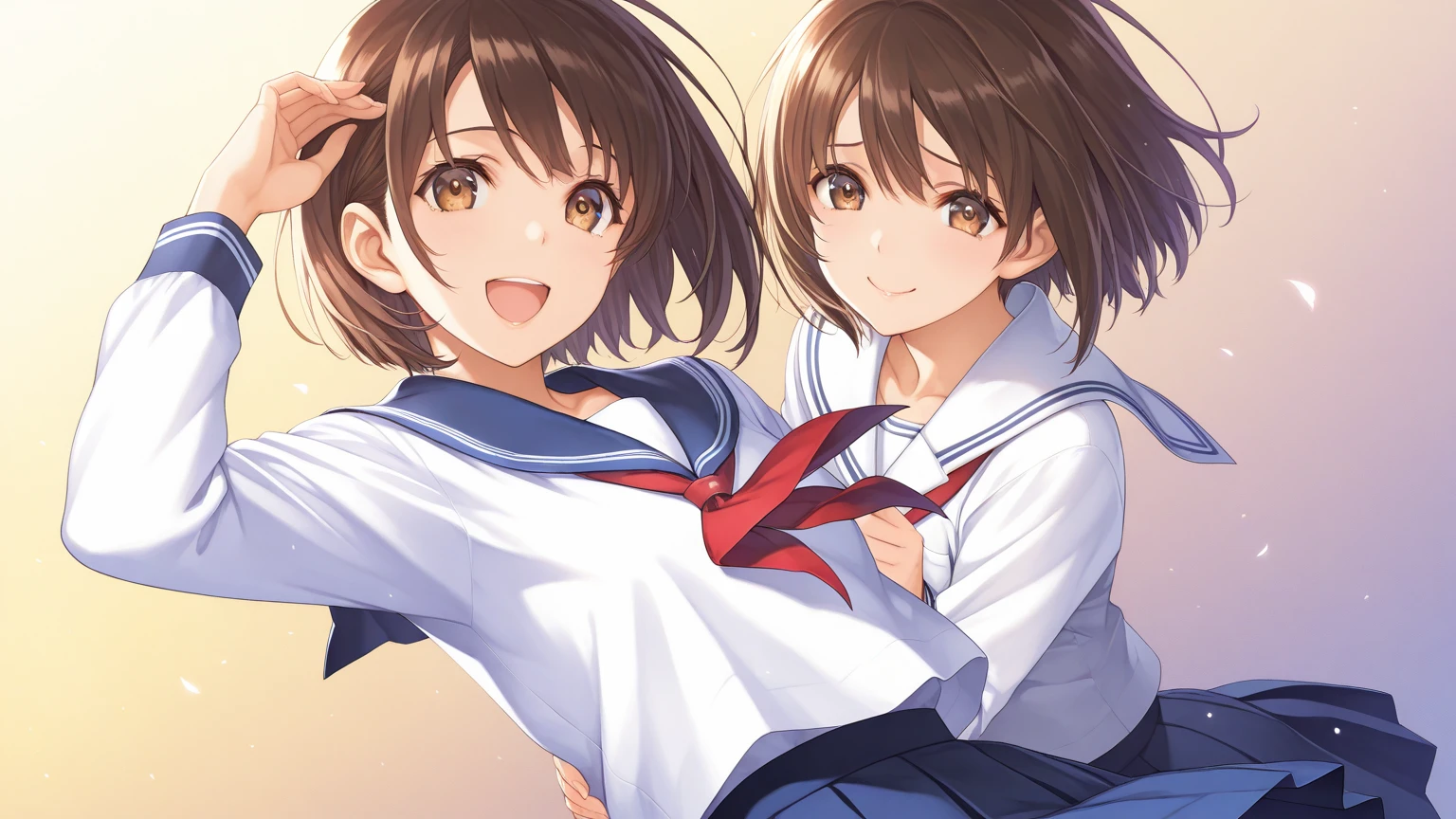 long hair, looking at viewer, blush, smile, open mouth, bangs, multiple girls, skirt, brown hair, shirt, long sleeves, 2girls, hair between eyes, brown eyes, , braid, :d, sidelocks, pleated skirt, shoes, serafuku, socks, indoors, black skirt, sailor collar, neckerchief, kneehighs, window, brown footwear, curtains, black socks, loafers, carrying, red neckerchief, black sailor collar, folded ponytail, wooden floor, princess carry, inazuma \(kancolle\)