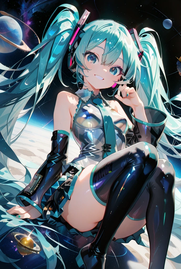 (masterpiece、Highest quality、Highest quality、Official Art、Beautiful and beautiful:1.2)、(One Girl:1.3)hatsune miku、Twin tails,Beautiful breasts,(masterpiece), (sf:1.4), One Girl, She turned away, smile, Silver Hair, Aqua Eye, headgear, Long sleeve, Removable sleeves, Glowing Energy Clothing, Particles of light