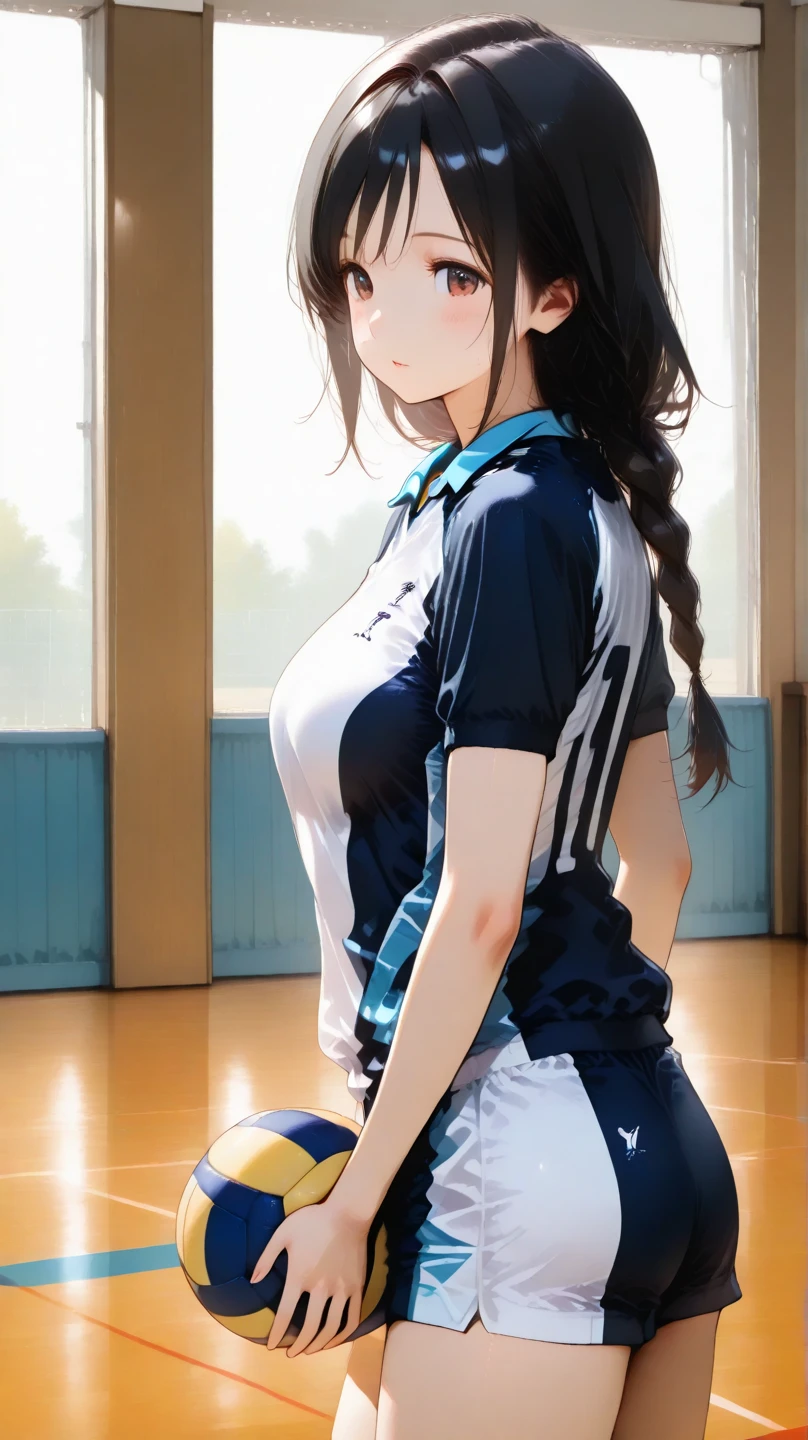 (masterpiece:1.2, top-quality), (realistic, photorealistic:1.4), beautiful illustration, (natural side lighting, movie lighting), nsfw, 
looking at viewer, 1 girl, japanese, high school girl, perfect face, cute and symmetrical face, shiny skin, 
(long hair:1.4, hime style, hime cut, navy blue hair), blunt bangs, purple eyes, big eyes, long eye lasher, (medium breasts, seductive thighs), slender, 
beautiful detailed hair, beautiful detailed face, beautiful detailed eyes, beautiful clavicle, beautiful body, beautiful chest, beautiful thigh, beautiful legs, beautiful fingers, 
(gym uniform, buruma), 
(beautiful scenery), evening, (school grounds), squatting, (lovely smile, upper eyes, parted lips),