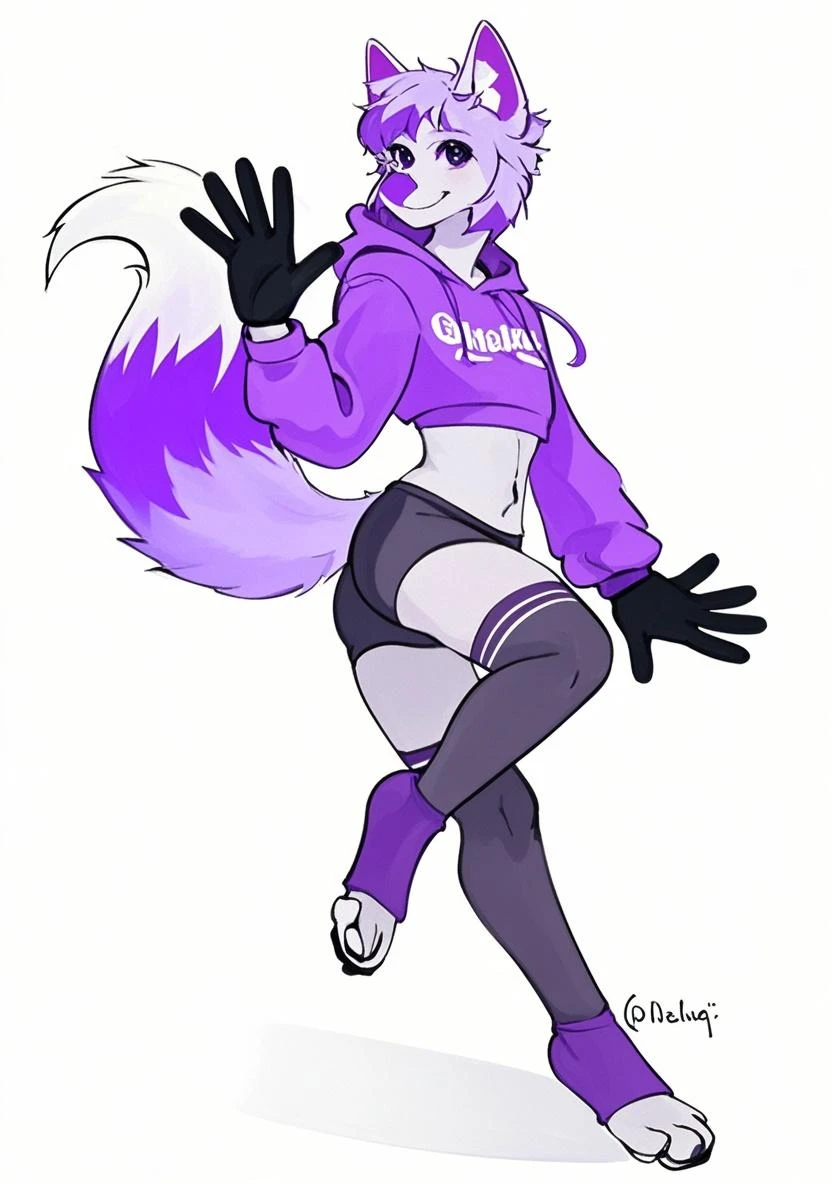 score_9,score_8_up,score_7_up,score_6_up,score_5_up,score_4_up, Lynx, purple fur, purple eyes, anthro, blue hair, purple hair, eyeliner, eyelashes, black eyeshadow, furry art, cheeks tuft, shoulder tuft, male focus, femboy, fingerless gloves, cute fangs, kemono, shota, fluffy neck, icon portrait, claws, black nails, navel, showing teeth, covered nipples, (by nextel), 3d, blender software, crop top, backwards cap, thong, bulge, erect covered penis, medium hair, necklace, 5 fingers, tight clothing, slut written on clothes, arms behind head, black clothes, hair multiple colors, gradient colors, long hair,