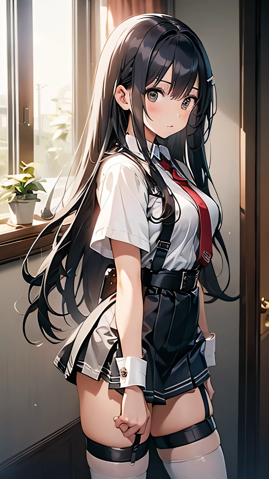 Suspender Gun Holster Long Hair Japanese Women Skirt Handcuffs Knee High Garter Belt Long Socks Garter Belt Anime Girl Back Hand Cuff