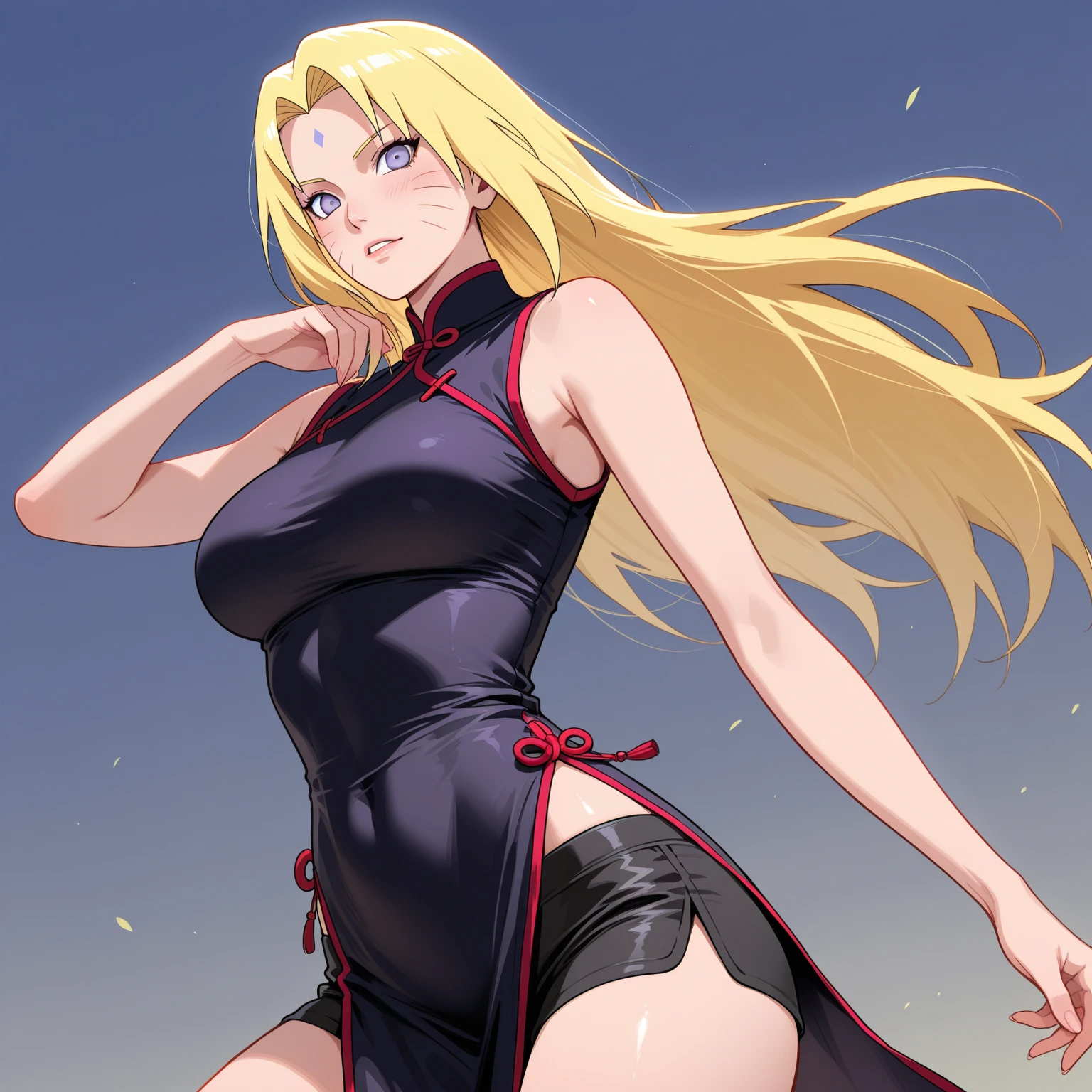 a beautiful detailed portrait of Ino Yamanaka from the anime Naruto Shippuden, Kale, making a seductive pose, showing his long, shapely legs, highy detailed, 8k, photorrealistic, dynamic lighting, swirly vibrant colors, film composition, dramatic lighting, long clingy dress