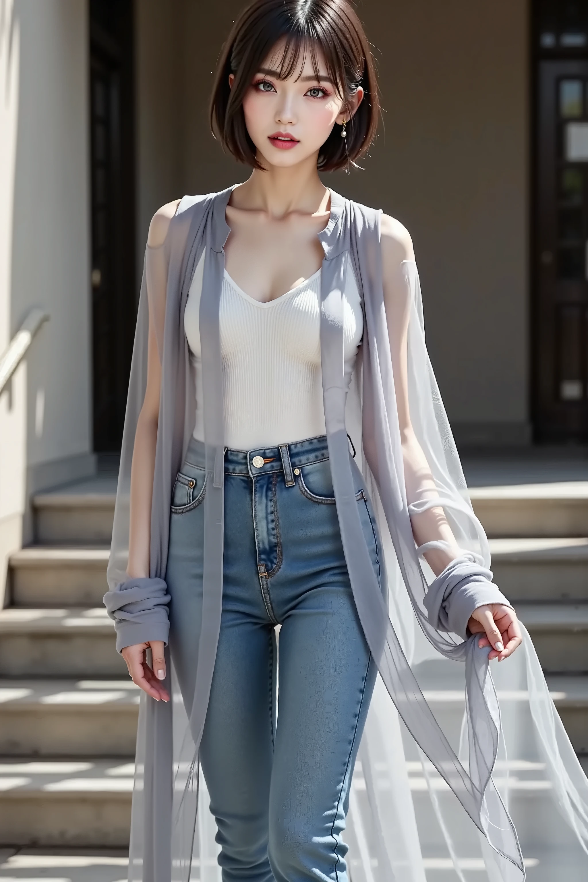 (Full Body),((shirt:Super Long、gray、Sheer Material、Close the front button)), knit :long sleeve、white、Inner, denim pants, skirt:Sheer Material、gray、Wear it over denim pants, In front of the stairs