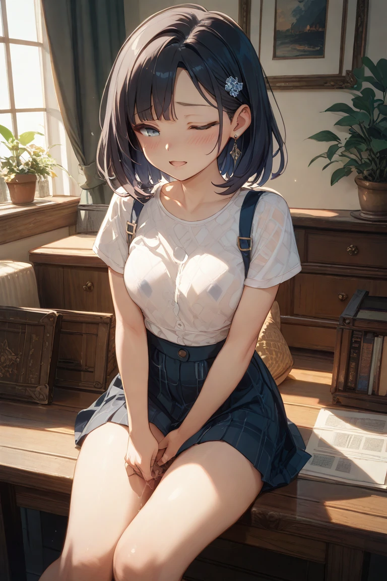 ((best quality)), ((masterpiece)), ((detailed)), (((perfect face))), (((slender 18yo teenage girl))), (((medium breasts))), ((((topless)))), (((dark blue pleated skirt))), ((dark brown hair)), ((short ponytail)), (((blue eyes))), ((shy:1.3)), ((blushing:1.5)), (((bare chest))), ((bare stomach)), ((bare shoulders)), (((bare arms))), (((standing))), ((((fancy café, windows))))