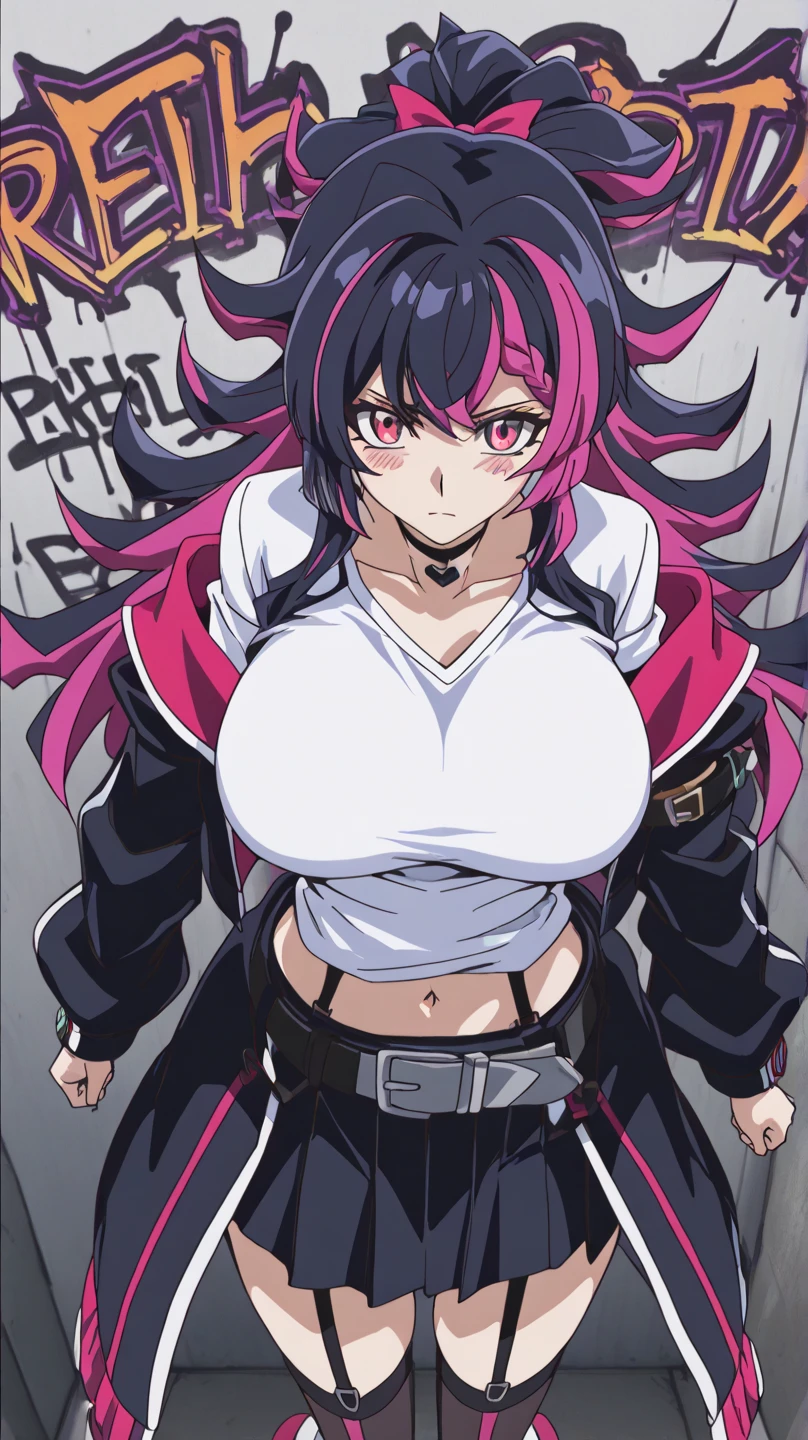 (masterpiece), (absurdres), (1girl), (focus on breasts), (upper body), (solo), (facing viewer), (hands behind back), (atb), (cleavage), (skindentation), (sexy), and (cute) (short) (dragon girl) with (large silver horns with purple lines), (black hair), (red eyes), an (enormous black tail), (slim figure), (huge breasts), (bursting breasts), (wide hips), and (incredibly thin waist) wearing a (black sleeveless trench coat with purple lines), (red crop top), (purple belts crossing her bust in an x), (black shorts with purple lines), (long purple gloves), (red stockings), and (black boots with purple lines)