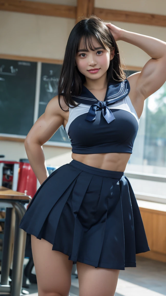 (Muscular:2.5), (thick thighs:2.6), (asian female:1.5), adult, (blunt bangs, long black hair:1.5), (glasses), earrings, eyeshadow, lipstick, (upper body view:1.4), (striations), (hard nipples), (small perky breasts:1.4), wearing a watch, wearing a bracelet, (choker, school top, sailor uniform, midriff, rolled up sleeves, cleavage, flared skirt:1.8), (sculped muscles:1.6), detailed eyes, (athletic body:1.5), (muscular body:2), (looking at viewer), (big smile:1.5), office, rim lighting, two tone lighting, dimly lit, clean skin, low key (DETAILED SKIN), three quarter view, (carrying books:1.3), turned toward light source