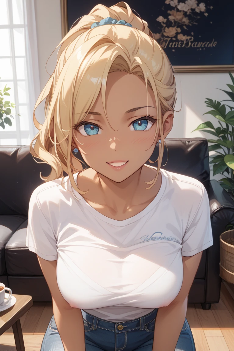 Masterpiece, best quality, beautiful girl, beautiful face, blonde, dark skin, leaning forward, very close to the camera, hands towards the camera, open shirt