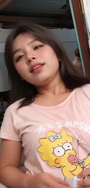 there is a woman sitting on a bed with a cell phone, south east asian with round face, photo of the girl, portrait of modern darna, photo of a woman, with very thin lips, with round face, potrait, face picture, close up potrait, with accurate face, taken with sony alpha 9, picture, with short hair, big bobs, bobs, perfect breast, perfect bobs, a women no bra, no bra, Nipple, a transparant t-shirt, transparant dress, No Bra, 1 girl with no bra,