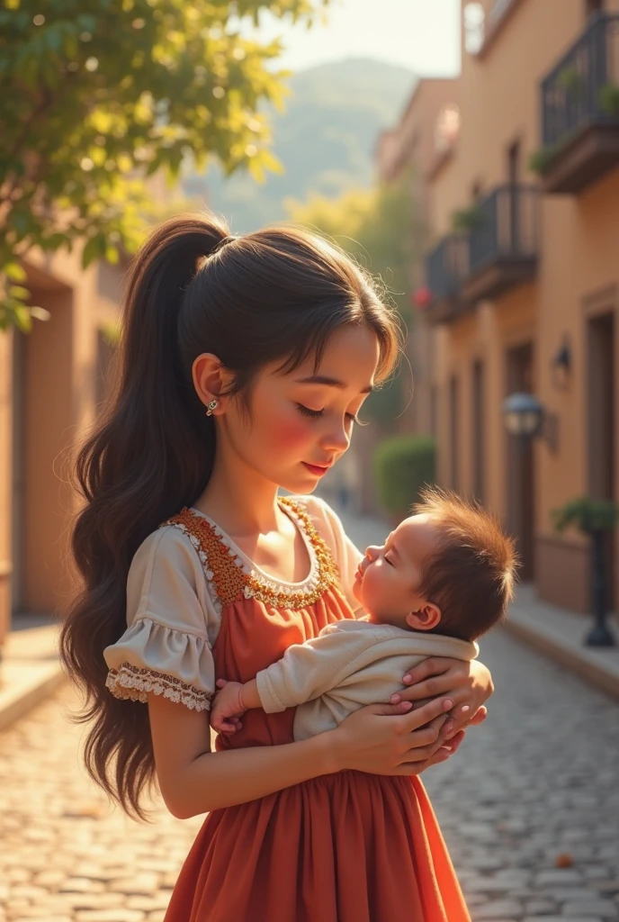 WOMAN DRESSED IN GENSHIN IMPACT STYLE WITH A BABY IN THE CENTRAL SQUARE OF VILLAVICENCIO META COLOMBIA