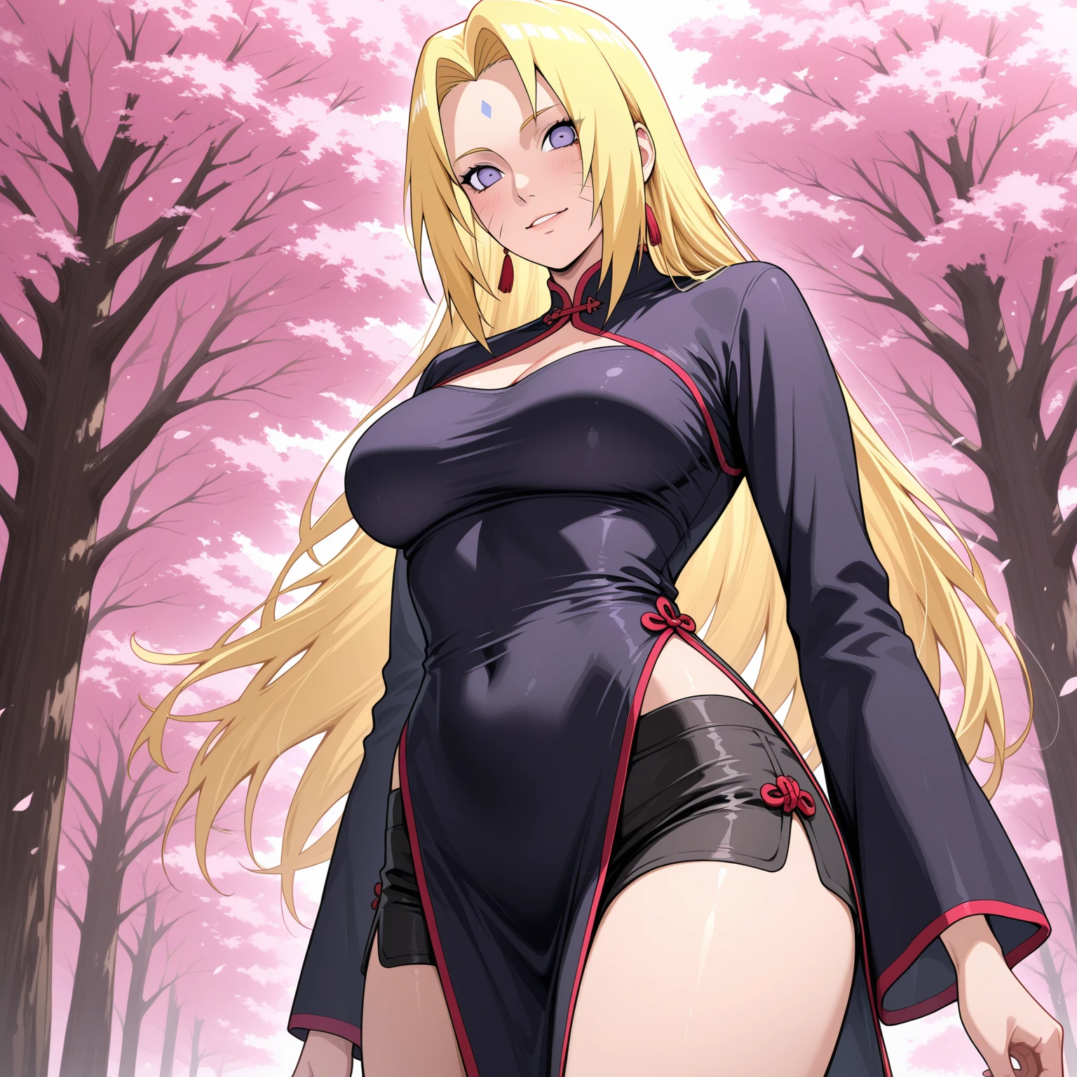 (masterpiece, best quality:1.3), Wolftangart, 1girl, solo, looking at viewer, wide hips, mature female, closed mouth, simple background, colorful background, seductive smile, large breasts, cowboy shot, thick thighs, <lora:Wolftangart Style Lora:1>, white kimono, (red hakama:1.2), long hair, blonde hair, blue eyes