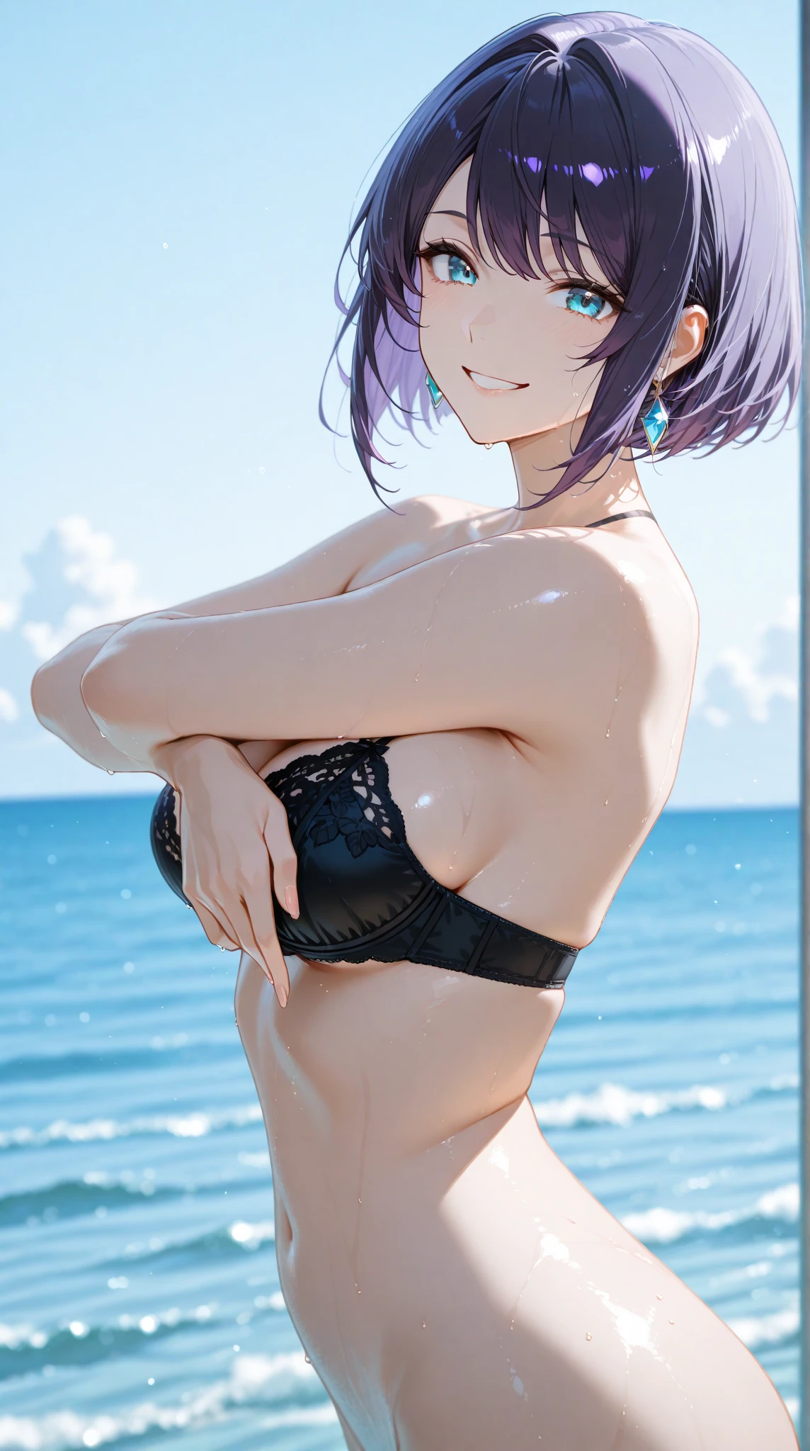 1girl, bangs, blue hair, necklace, parted lips, purple eyes, short hair, smile, solo, two piece purple swimsuit, sandy pier background, walking,