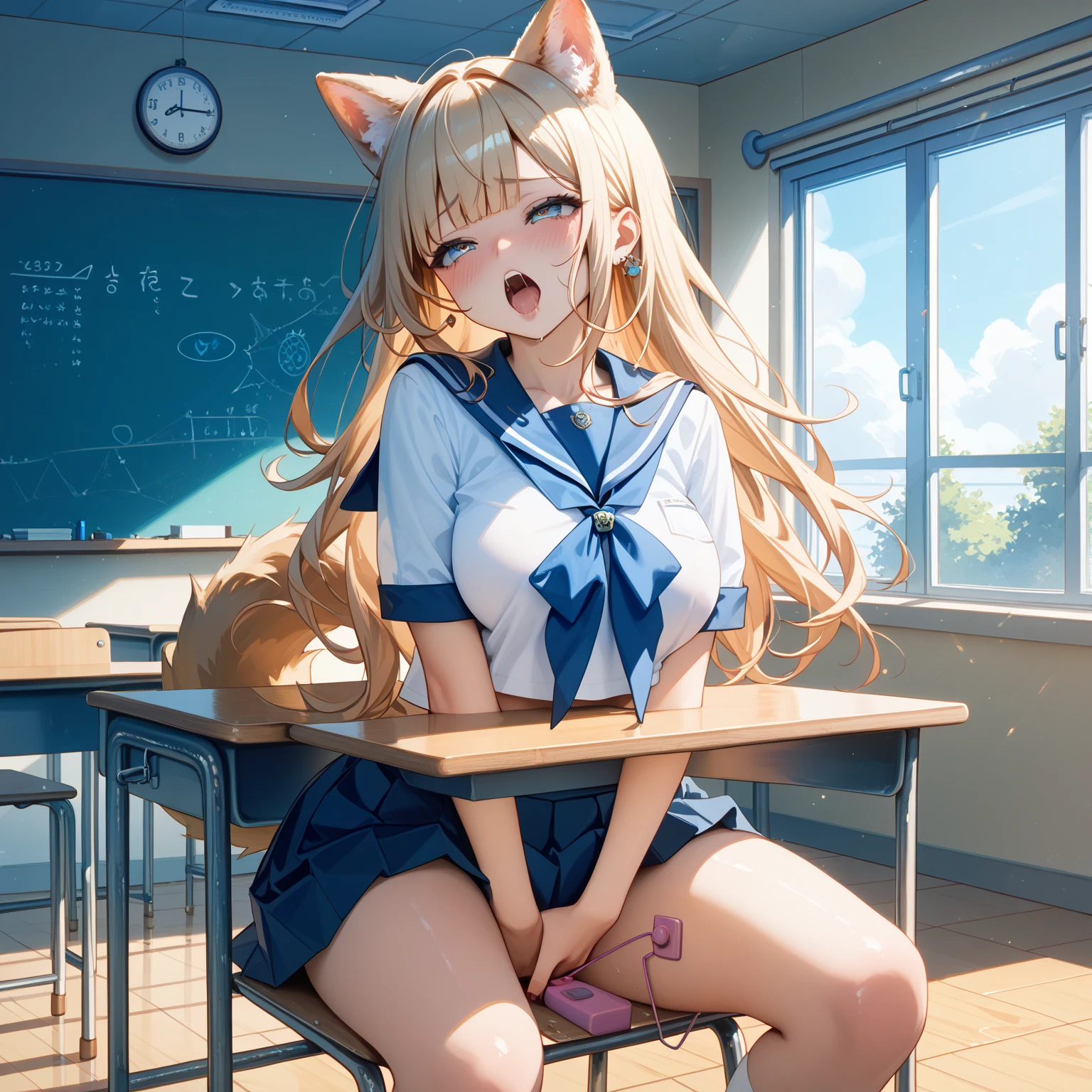 highest quality、masterpiece、1 girl、(dog ears)、(blush:1.5)、(smile:1.5)、((fun!!))、cute、(silver hair)、、high school girl、((classroom:1.5))、(sitting)、、Kamimei、look at me、(No panties:1.3)、((shaved pussy:1.5)), ((red bow tie, , black jacket, open jacket, white cardigan, white shirt, black skirt, plaid skirt、black socks))、 (No panties:1.3)、((shaved pussy:1.5))、(highly detailed closed labia:1.5)、((pee is coming out:1.8))、peeing、long hair、blue eyes

