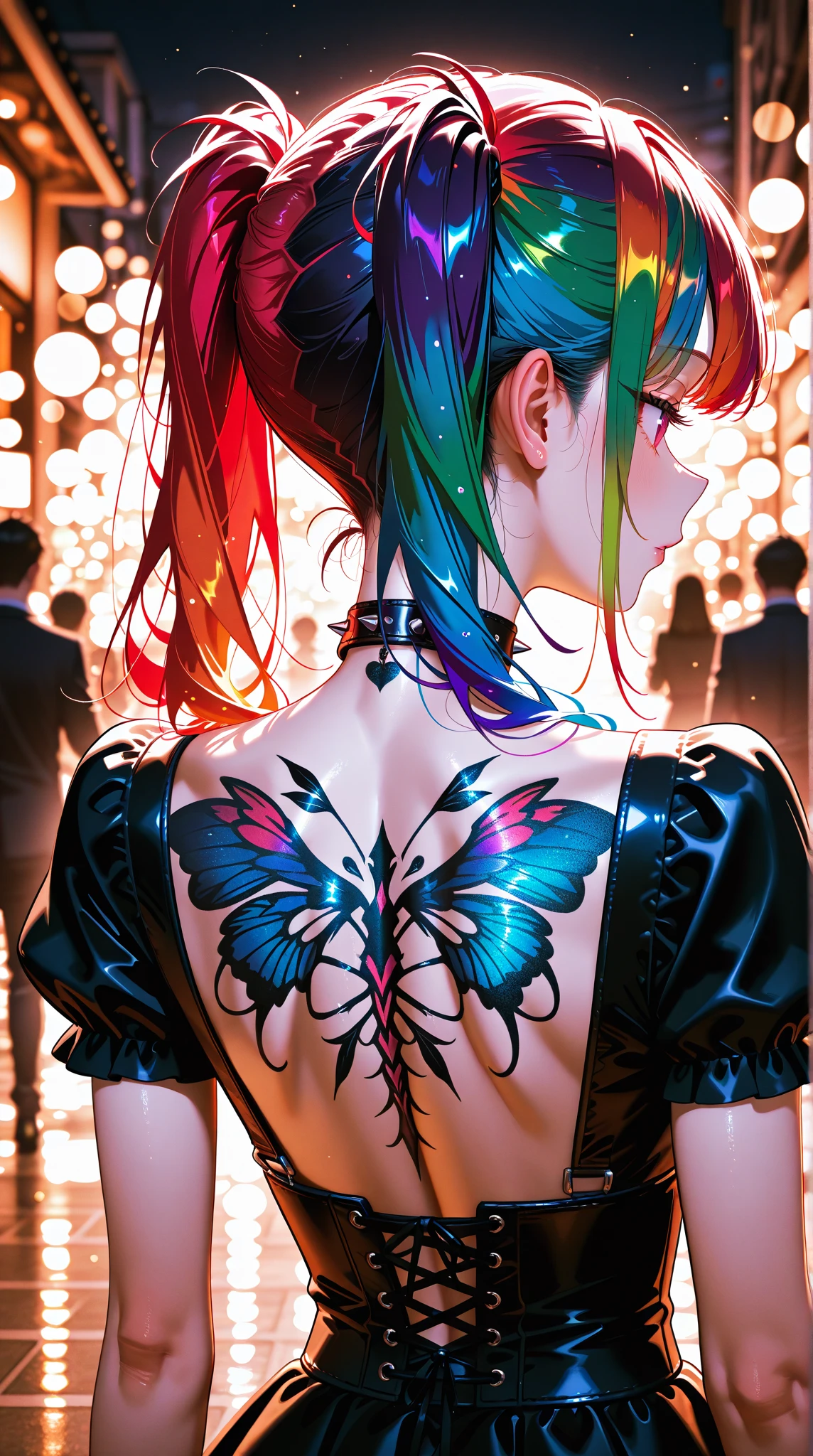Masterpiece Top Quality - High Quality - Beautiful High Resolution 8k, Blurry Colors, Light, Detailed Textures, Delicate Touch, Women's Back Face: Profile, Rainbow Hair Color, Twin Tails, Detailed Ibis Paint, Gothic Punk Style, Summer Clothes, Neck Choker, Background: Rose Garden, Delicate Skin, Delicate Hair, Sparkling Effects, Light, Gentle Light, Physical Base Rendering, Professional Ergonomically Based Structure Ergonomic Correctly expressed bokeh effects in RAW photos, outfocus, and faithfully reproduced