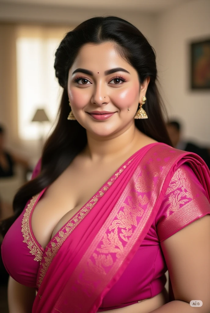 ((best quality)), ((masterpiece)), (detailed), perfect face, South Indian bhabhi, 40 years old, saree, cleavage, beautiful body shape, curly hair, chubby body, beautiful eyes, attractive look, glossy lips , sitting on chair , dark skin