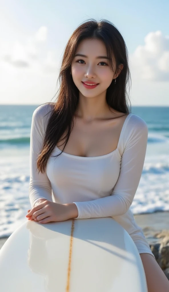 highest quality, (((angle from behind)))、(((turn around)))、(((big breasts、Gcup)))、beautiful japanese girl,long hair、black hair、 Ocean, sandy beach, deserted island, (((WhiteTshirt))), smile with a sexual expression,