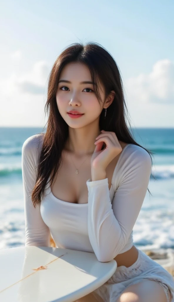 (logo、masterpiece、8k、Tabletop、RAW Photos、wonderful、最high quality、Photorealistic and Very detailed CG integrated 8k wallpaper、high quality、Very detailed、Narrative poem、Particle Effects、Dynamic Effects、Written boundary depth、Cinematic Light、Lens flare、Ray Tracing)、Fantasy、 (One beautiful woman、White pants、White T-shirt、White tube top、White crop top、Black-haired、Beautiful Face、True Face、Beautiful details、eye、Beautiful Skin、Ultimate Body、glamorous)、私の髪はWindに舞う、Hair flutters in Wind、Hair bounces、Seaside、wonderful景色、Coastal、sunrise、Sun in the background、Wind、Beach