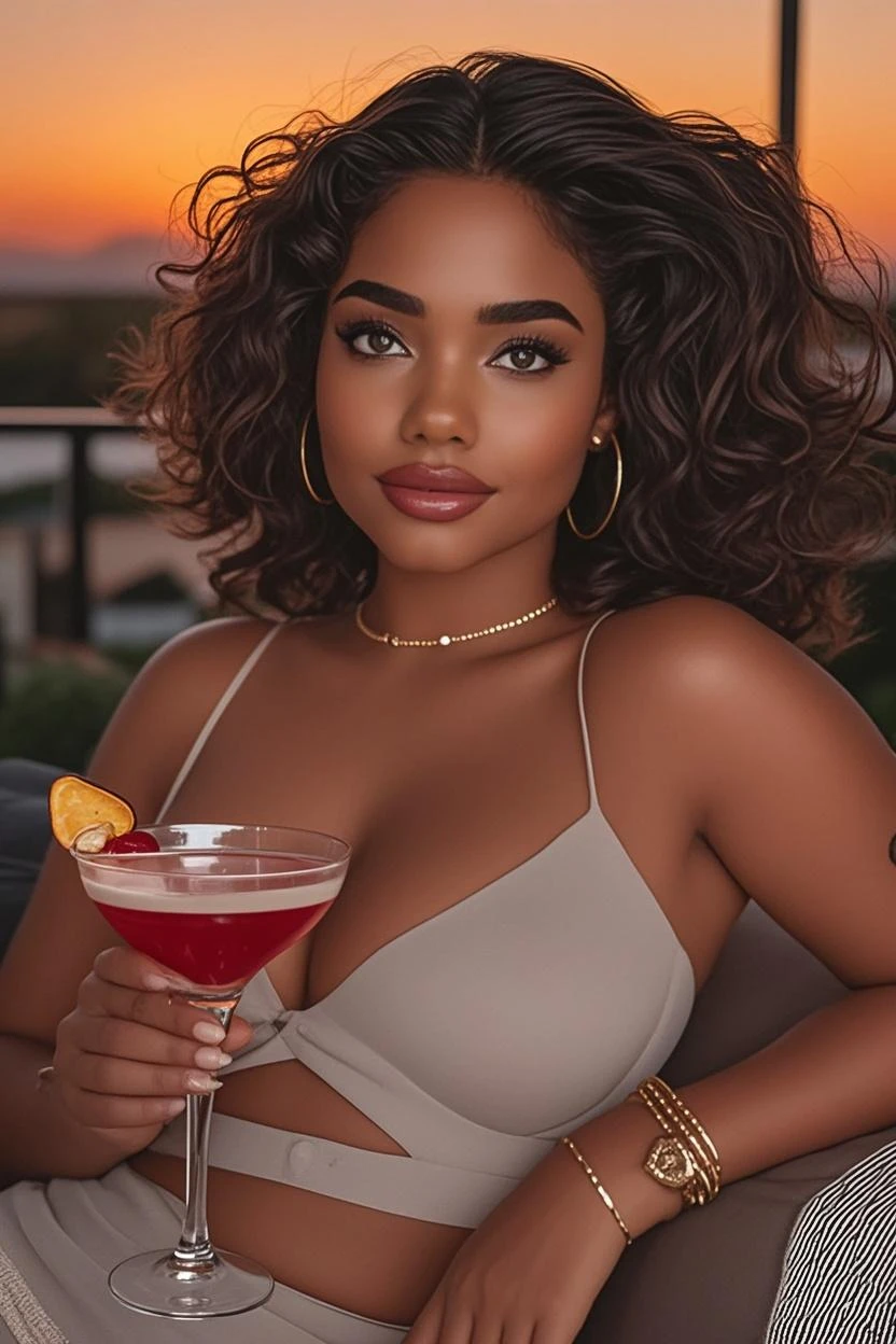 The photograph features an Afro woman with dark hair and curls that blow in the wind., forming a kind of flame against the twilight sky. Her unbridled beauty is enhanced by a sexy red mini crop top with big breasts, while at a pool bar in Miami. She holds an Italian berry soda to the front as if making a toast.