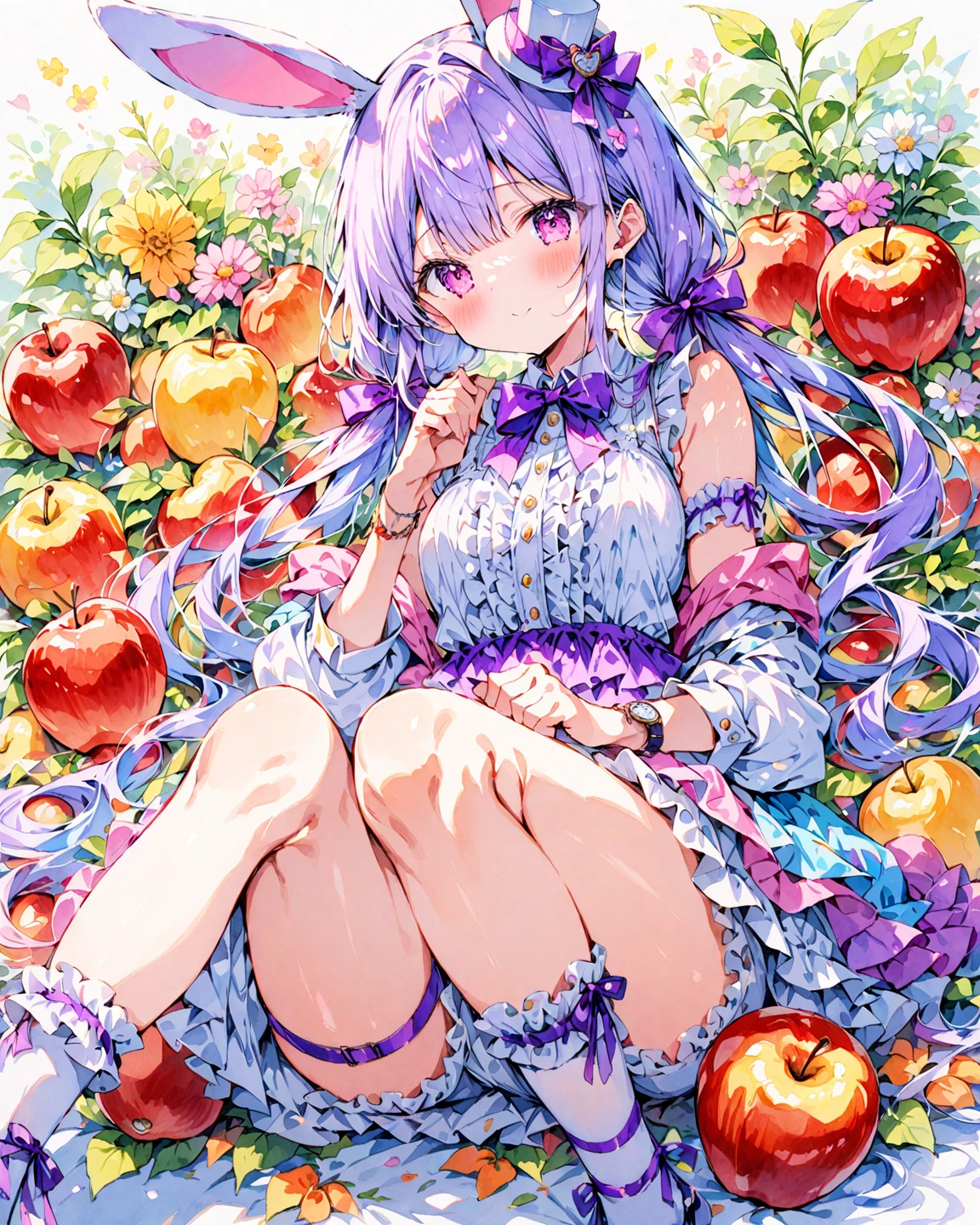 best quality, masterpiece, anime girl , young girl, 24 years old, thick legs , 1 girl, bangs,long hair, cute face, perfect shot, perfect anatomy, ganyu, medieval, garden background, mountais, forest, full body,  4k, high resolution , detailed face, detailed eyes, purple eyes, sitting, picnic, panorama pov, side view, watching the scenery, view from behind