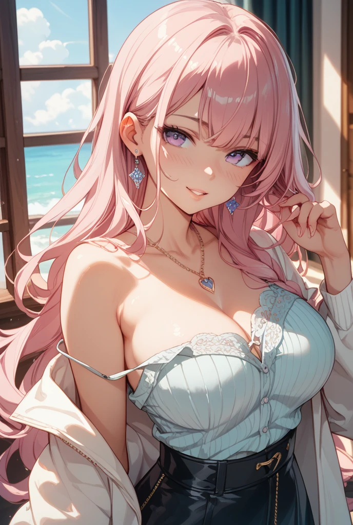 A girl with long pink hair, white slip dress, delicate face, milky skin, sexy, clear cleavage, bedside, smiling