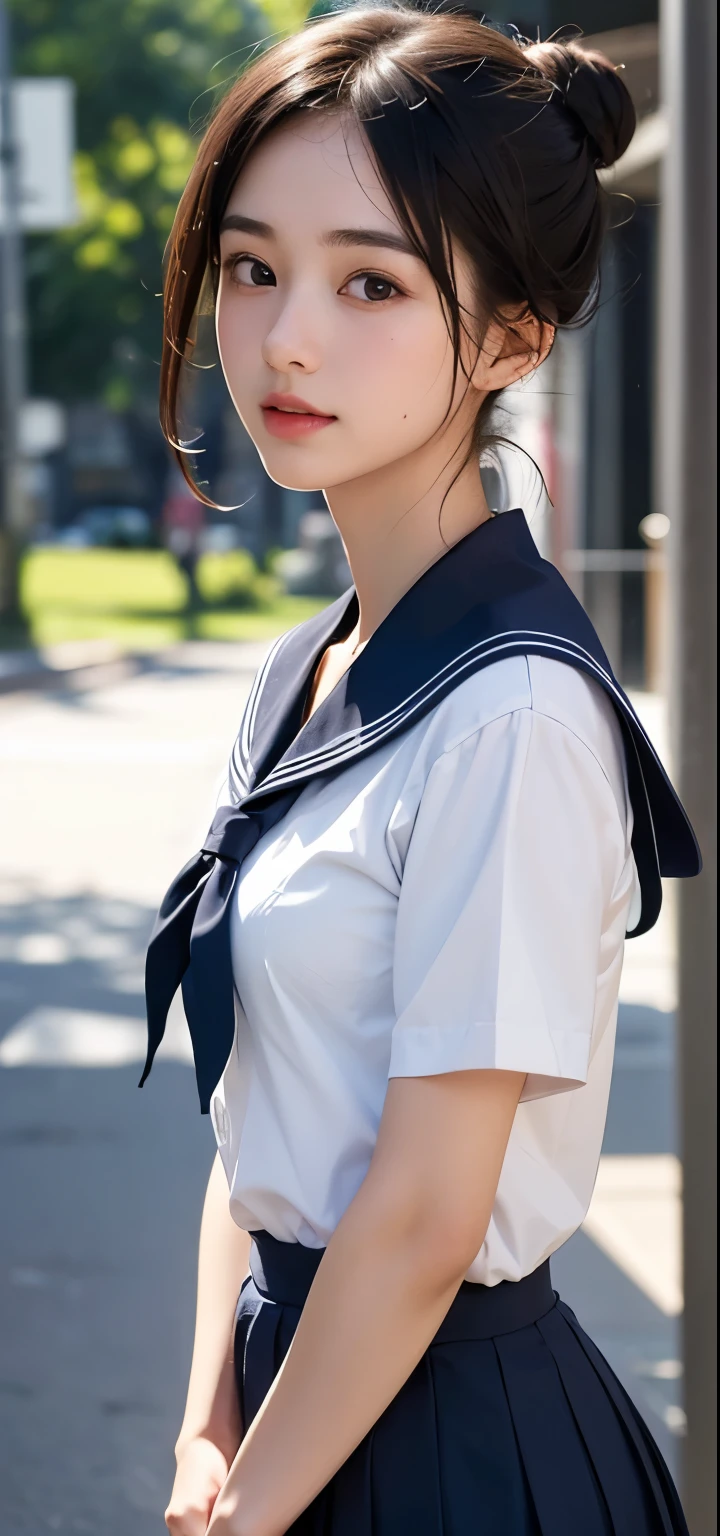 Black Hair、(School-designated sailor uniform:1.3)、short hair、hair accessory、Laugh a little、See-through、High-quality panties available、(Highest quality,masterpiece:1.3,Ultra-high resolution,),(Ultra-detailed,Caustics),(Photorealistic:1.4,RAW shooting,)Ultra-Realistic Capture,Very detailed,High resolution 16K human skin closeup。 The skin texture is natural、Detailed face and eyes、Sit on the stairs、My hair sways in the wind、
