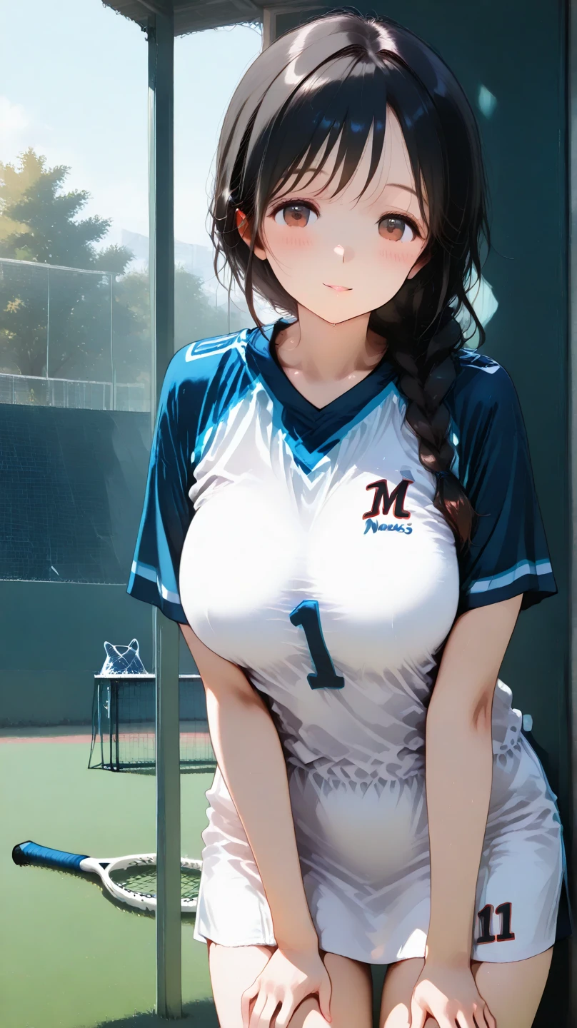 Hilda the trainer from pokemon, she has blue eyes, she wears a baseball cap from with her hair out the back of the baseball cap, she wears a skirt and a blouse the blous reveals her huge as she smiles at you, she is sitting on the beach, she has her hands on her chest, she has brown hair and bangs