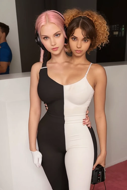 20-year-old dark skinned Nigerian woman named Biena and, her pale white American lover with icy blonde hair named Estella, rival e-sports athletes, gamers, streamers, very feminine, (cheeks melting together, skin blending together, hugging each other tight, squishing their bodies together, slow dancing, hanging in her arms, flowing together), gazing at each other, eyes averted, in love, lusting after each other, they had sex together, (detailed gaming room, computer setup, streaming room, colored lights, pink glow, orange glow, blue glow), (( Estella is a pale white American woman, long icy blonde hair, curly hair, bangs over forehead, red cheeks, red nose, eyeliner, white skin, slim body, fit body)), ((Biena is 20-year-old, sexy African woman, black short and straight hair, bangs, dark brown African skin, suntanned skin, black skin, onyx skin, ebony skin, tattoos on her body, thick thighs, slightly chubby)), ultra-realistic photo, feminine features, ((both have very different facial features, ethnicities, and skin colors)), ((wearing nothing but headphones, no shirt, no bra, pink sweatpants)), conjoined, 2 heads, different heads, different skin colors, vitiligo, harsh mixing, clear boundary where skin color changes, smooth transition, contrasting skin colors