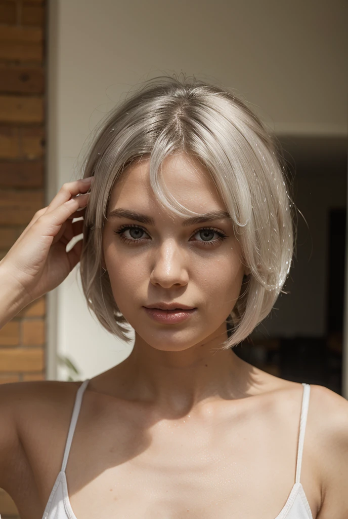 RAW photo in sequence, an image of an older mother with light platinum hair, cotinha de seda transparente, olhando sexy sem bra, and looking at the camera, sorrindo, 8k UHD, Masterpiece, Anatomicalmente Correto, Pele texturizada, Detalhes super suaves, Alta Qualidade, Detalhes altos, Award Winner, Qualidade de pintura superior, 8k UHD, high resolution, Cabelos loiros platinos, Corte de cabelo bob, Olhos fixados na