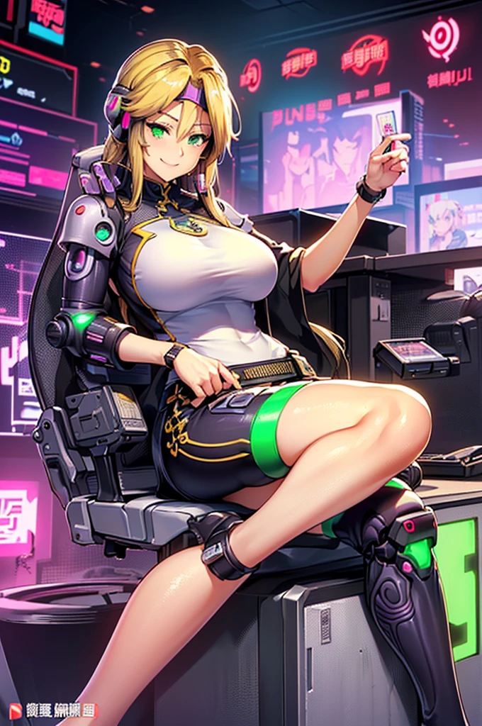 (highest quality), From above:1.2,1 person female, alone, Shining school swimsuit,double big round eyes,blonde, twin tails, red eyes, (black skin),blush,smile, (open chest:1.1),Cyberpunk world,dynamic composition,Big breasts,Socks above the knee,Muchimuchi,Psychedelic color scheme,iridescent sparkling background,rabbit ear headphones,turbo on the back,machine legs,rainbow colored screen,((complex machine cockpit)),profile,(Parker-like armor)
