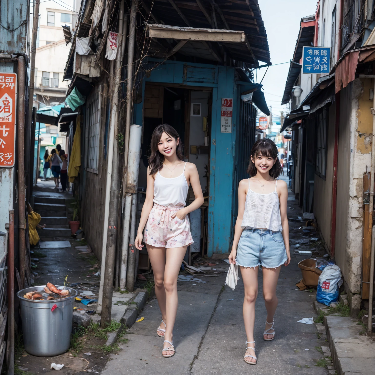 ((masterpiece、Highest quality))、Beautiful girls gather.、Girl in summer clothes、Dirty and old clothes、屋台のdiet店、(Detailed and cute face:1.3)、(Poor conditions、Crumbling underground shopping mall)、stage、sewage、Dirty shop、street vendors、Unsanitary and abandoned city、smile、diet、Poor person々