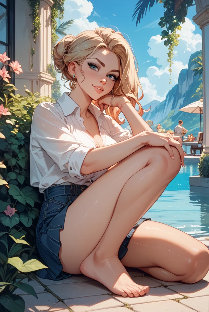 Girl in preppy summer clothing, anime-drawing style