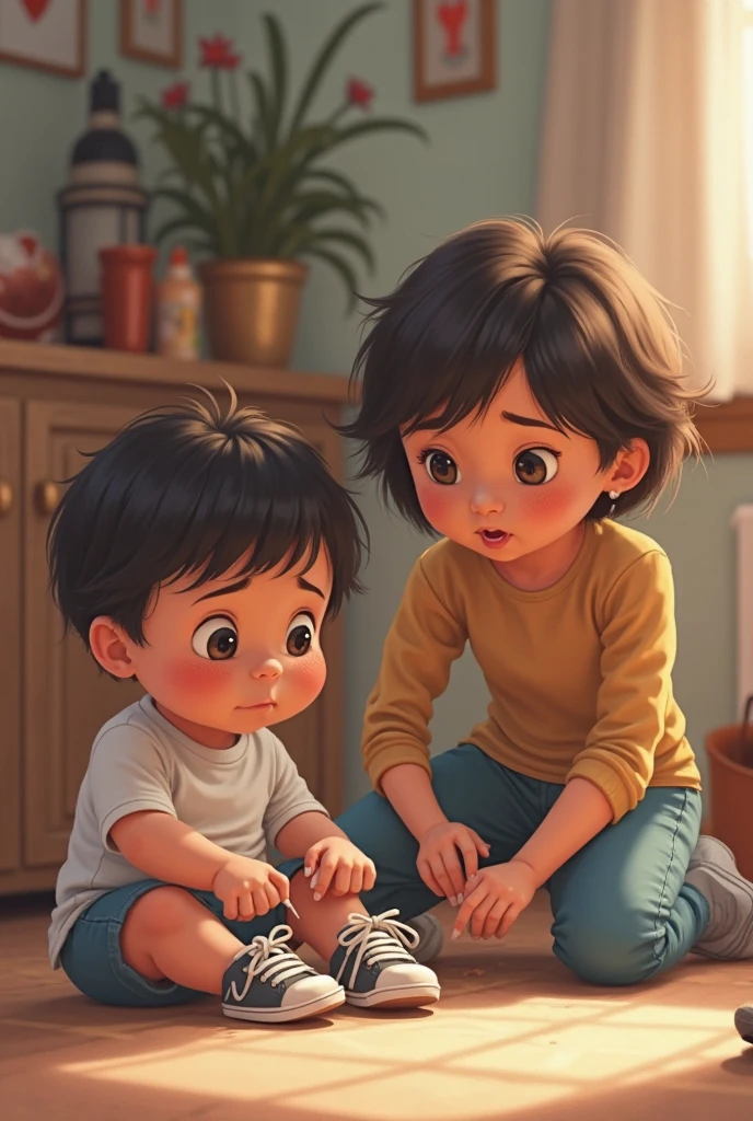 Blue-eyed teenager on the floor of a house next to a piece of furniture,while another cute teenage boy watches him