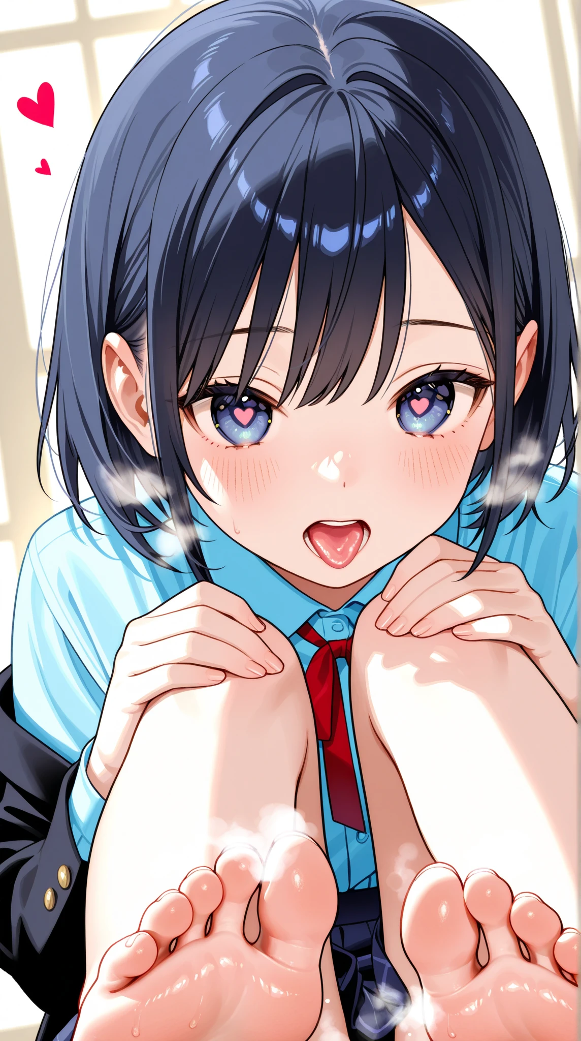 looking ahead,from above,kneeling,handjob,side view,face focus,open mouth,tongue out,cum on tongue,Licking a white dildo,(1girl,Beautiful 14 year old girl),((Slender,Small breasts,Baby Face,Small face,)),looking at viewer,Black Hair,bangs,two side up,Gray Eyes,Drooping eyes,slit pupils,narrow eyes,,Short sleeve shirt,Grey checked tie,Grey checked mini skirt,Navy blue socks,Beautiful and detailed anime art,Mischievous smile,Dimly lit room,Simple Background,Gray background,Low lighting