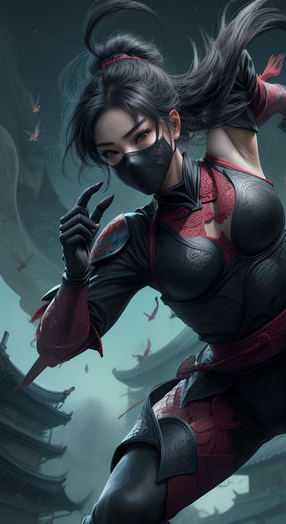 oriental ninja woman, detailed eyes and face, beautiful detailed lips, long eyelashes, leather armour, mask, big breasts, slender figure, agile movements, katana sword, throwing stars, ninja tools, moonlit night, bamboo forest, mysterious atmosphere, dark shadows, moonlight shining through the leaves, Asian inspiration, martial arts expertise, stealthy and silent, powerful and deadly, traditional Japanese culture, black and red color scheme, intense and dramatic lighting, dynamic poses, elegant and fierce, skilled in martial arts and assassination techniques, mysterious aura, capturing the essence of the oriental ninja in a modern and empowering way, high-quality illustration medium, ultra-detailed, realistic and vivid colors, masterful attention to textures and details, capturing the delicate features of the face, creating a captivating and iconic image.