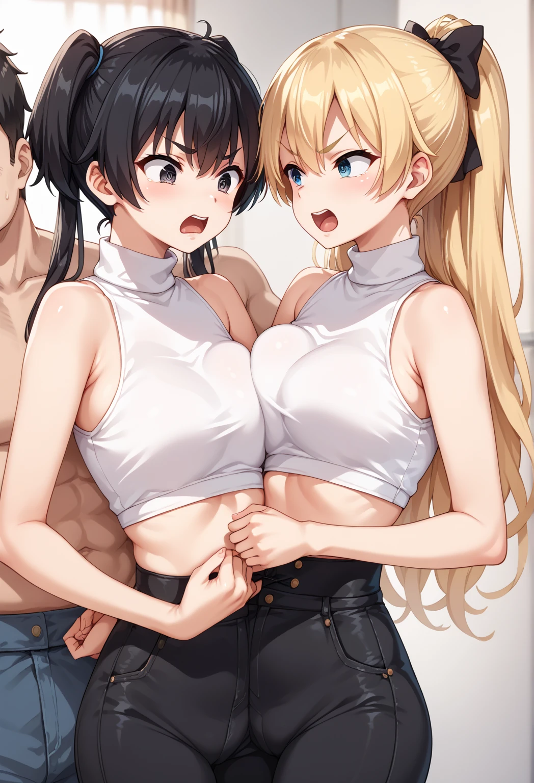 assistedPaizuri, from_side, grabbing_from_behind, breasts, 2girls, uncensored, large , large penis, navel , hetero, 1boy, , brown_hair, blush, breast_grab, large_breasts, grabbing, braid, blue_eyes, yellow_eyes, black_hair, , penis between the breasts,, naked, wet penis, in the room, window, navel, perpendicularPaizuri, testicles, surprised, hot pants