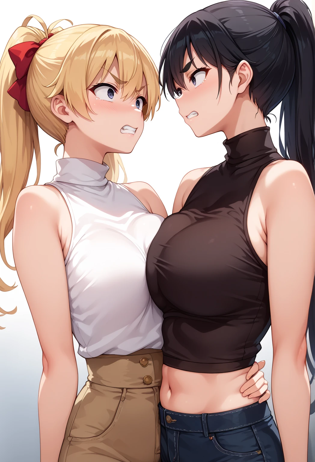 ((best quality)), ((masterpiece)), (detailed), 2 girl, dark brown hair, yellow eyes, short jeans, black sweater, showing the shoulders, large breasts, big thighs, Pastel yellow hair, hair covers one eye, purple eyes, White T-shirt, purple skirt, brown pantyhose, big breasts, big thighs, looking at the viewer