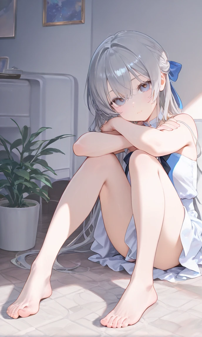 (masterpiece, best quality), a girl, solo, skirt, sky, sitting, serafuku, cloud, outdoors, neckerchief, day, shirt, ahoge, rooftop, long hair, white pantyhose,white hair, white school uniform, white sailor collar, blue eyes, sailor collar, white skirt, White silk socks, white serafuku blue sky, white shirt, closed mouth, white skirt, cloudy sky, pleated, Ruffle, no shoes, Blue and white stripe panties, Woman showing off her panties