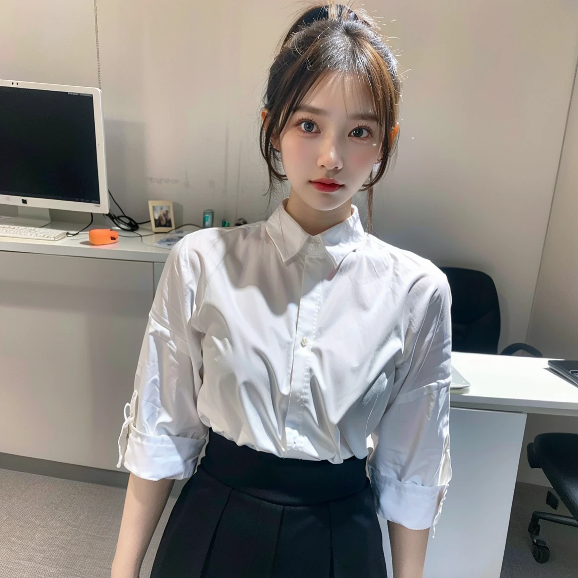 Extremely high quality,Ultra photo realsisim,black bob hair,Cute face,thick eyebrow,Office Lady,Slate suit,White shirt,In the office,Sexy pose