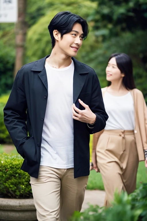 masterpiece, best quality, ultra detailed, highres, high-resolution, 8k portrait, unity 8k wallpaper, realistic , RAW photo, real person, portrait photography, photorealistic, shiny skin, detailed skin, 　1man , 1girl , they are standing next to each other and looking at each other, ad image, official product image, casual clothing style, couple, casual modern clothing, easygoing, lovely couple, couple pose, product introduction photo, 2 people, promotional image, wearing casual clothes, modern casual clothing, still from a live action movie, 165 cm tall, advertising photo