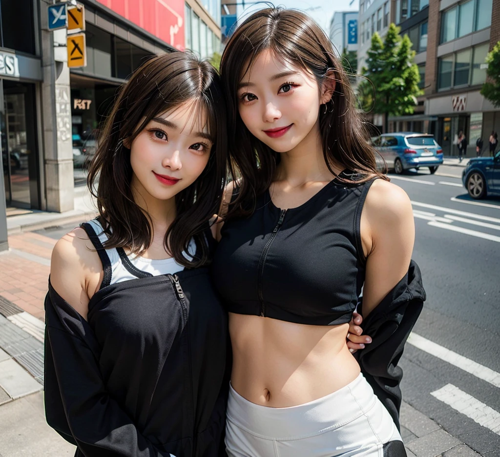 (RAW photography:1.2)、top-quality、a beautiful detailed girl、A smile、extremely detailed eye and face、Beautiful detailed eyes、hugefilesize、A high resolution、A high resolution、8k wallpaper、finedetail、Highly detailed ticker uniform 8K wallpaper、Light on the face、Movie lighting、18Year old girl、sexyposture、(Foto realism:1.4)、illustratio、dynamicposes、(squatt)、Full-body image、((low angles))、(Focus on the crotch)、super detailing、tmasterpiece、Have on the street,(( yellow tanktop))、Navel out、no-bra, front-facing view, ((Snug pants close to the legs))、((Black pants))、 in crowd,big breasts body160cm、(Small head)、(long leges)、(Large full breasts)、