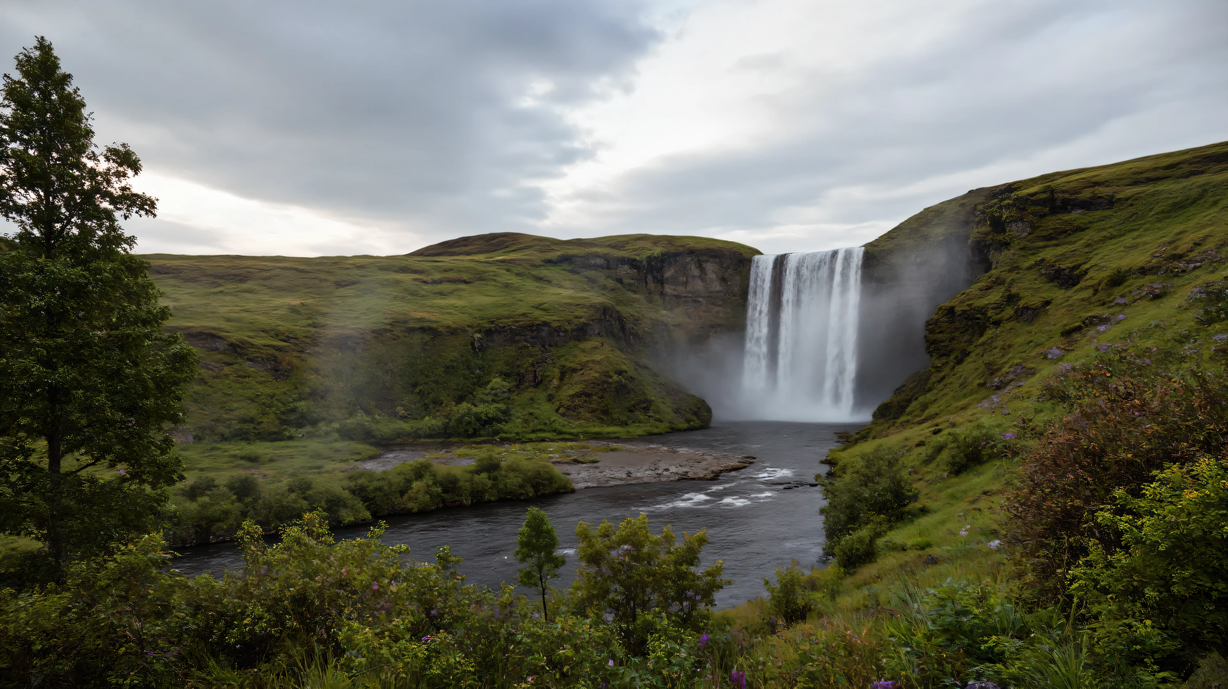 An epic, sweeping landscape photograph of a wild, untouched version of the the Icelandic highlands. The nature is pristine, vibrant, and slightly alien, with strange, giant prehistoric plants and ferns mixed in with familiar ones. A massive waterfall cascades down a sheer cliff face into a misty valley. There are absolutely no signs of human civilization anywhere. The world feels epic, beautiful, and dangerous. cinematic photo, shot on 70mm film, National Geographic documentary style, hyperrealistic, dramatic volumetric lighting, god rays, ultra-detailed, sharp focus, 8K --ar 16:9