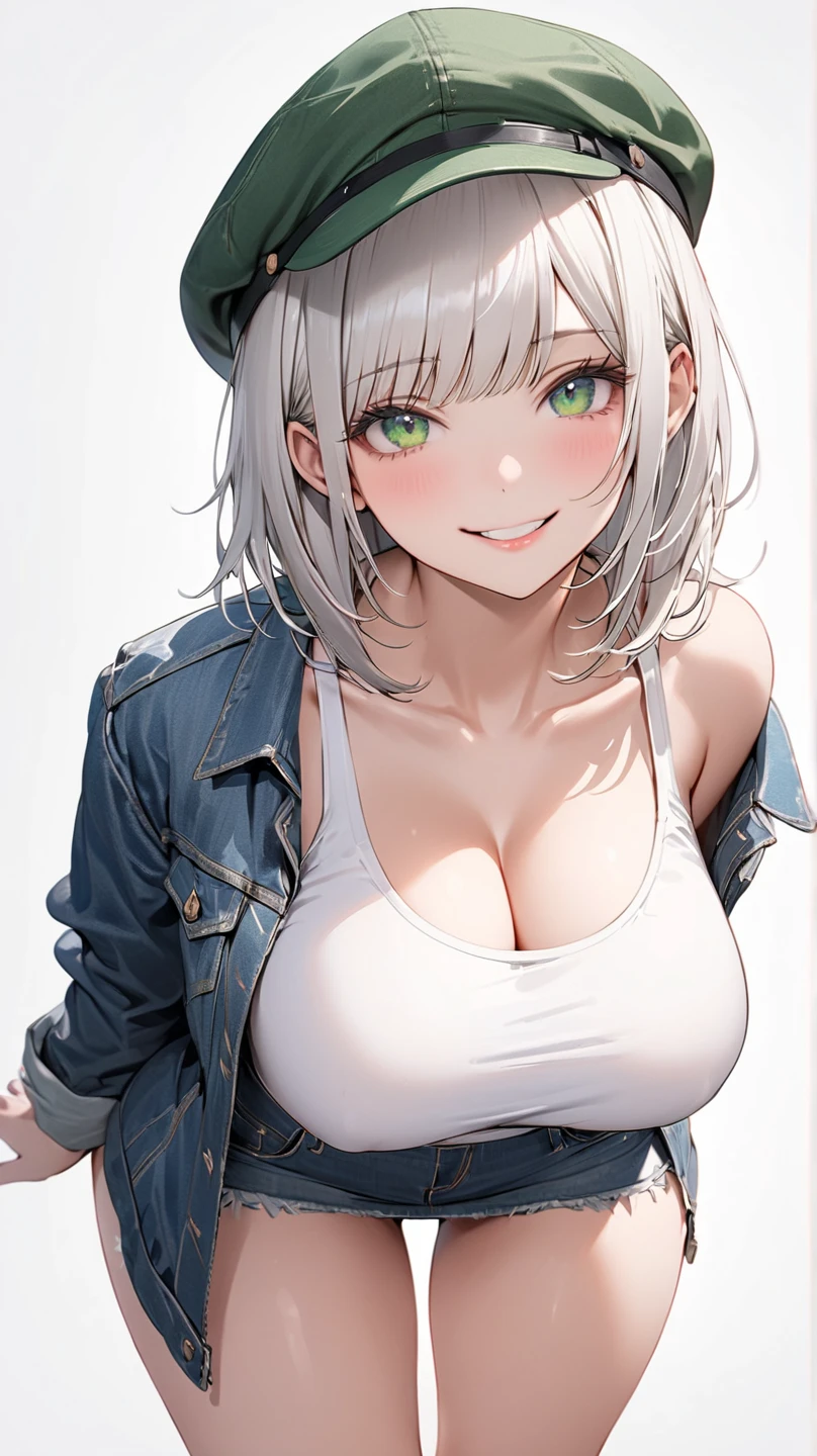 One Girl, alone, Big eyes, Wicked Smile,hoodie, Pleated mini skirt, White Hair, (JK:1.2), Underboob, Attractive breasts、Waistline、