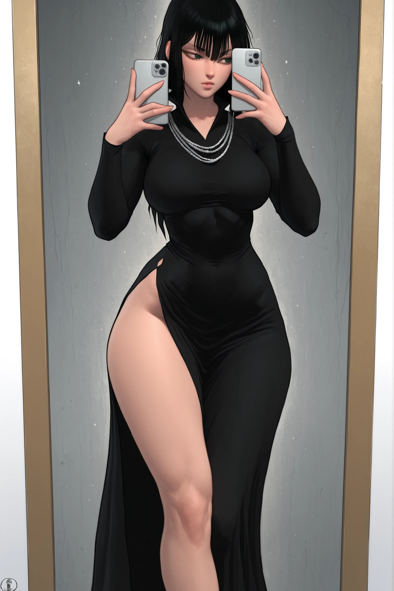 score_9, score_8_up, score_7_up, score_6_up, score_5_up, score_4_up, 
BREAK
(masterpiece: 1.0), best quality, perfect anatomy, perfect composition, perfection,
BREAK
cinematic lighting, stopu42
BREAK
1girl, realistic woman, realistic proportions, hyperdetailed, cosplay, Fubuki, (One punch man), long legs, black dress, ample butt, mirror selfie, jutting hip to the side, asymmetrical pose, visible hip bones, slender, holding phone, front facing, selfie POV, Nat the lich,