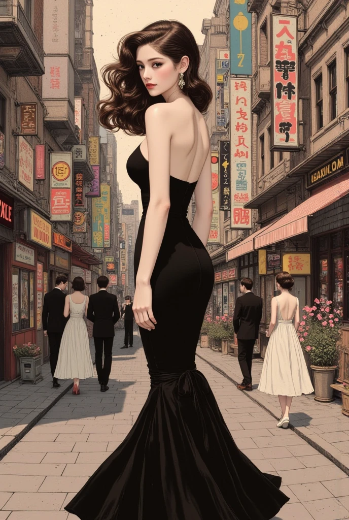 Carlos Schwabe 1 Girls Style,Character concept design,elegant,Gorgeous,White Black,extreme details,{Blurred foreground, Depth of Field, Background blur, motion blur:0.5},pedestrian mall,Act in a hurry