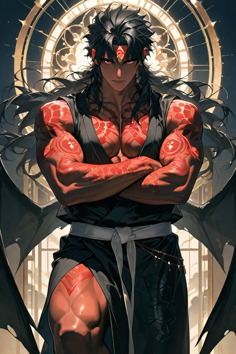 Teen Handsome boy ,piercings,, wavy and long black hair With white and red wicks and a little messy, populated eyebrows, tattoos,dominant traits, Dominant look, red dominant eyes,muscular body, With his legs slightly open, in a luxurious room at night, with short clothes, with an alba line of slightly protruding black hairs from his clothes
