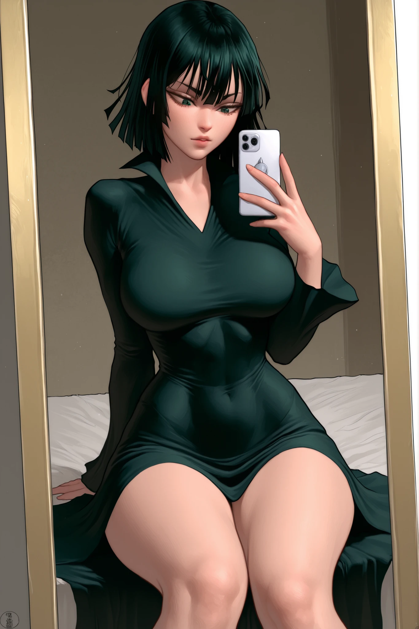 score_9, score_8_up, score_7_up, score_6_up, score_5_up, score_4_up,
BREAK
(masterpiece: 1.0), best quality, perfect anatomy, perfect composition, perfection,
BREAK
cinematic lighting, stopu42
BREAK
1girl, realistic woman, realistic proportions, hyperdetailed, cosplay, Fubuki (One punch man), long legs, black dress, green dress, ample butt, mirror selfie, jutting hip to the side, sitting, asymmetrical pose, visible hip bones, slender, holding phone, front facing, selfie POV, Nat the lich,