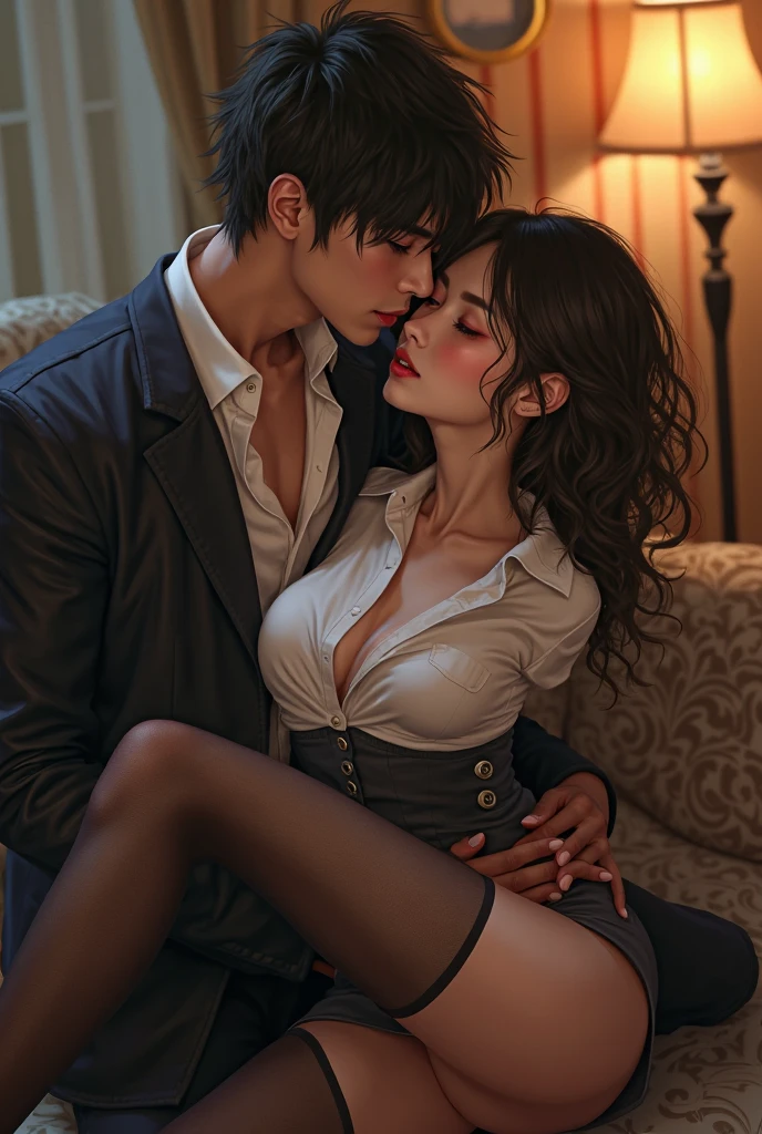 (anime style, high detail, romantic and sensual, man and woman in an intimate embrace, gentle caresses, soft smiles, partially undressed, candle-lit room, soft porn)
