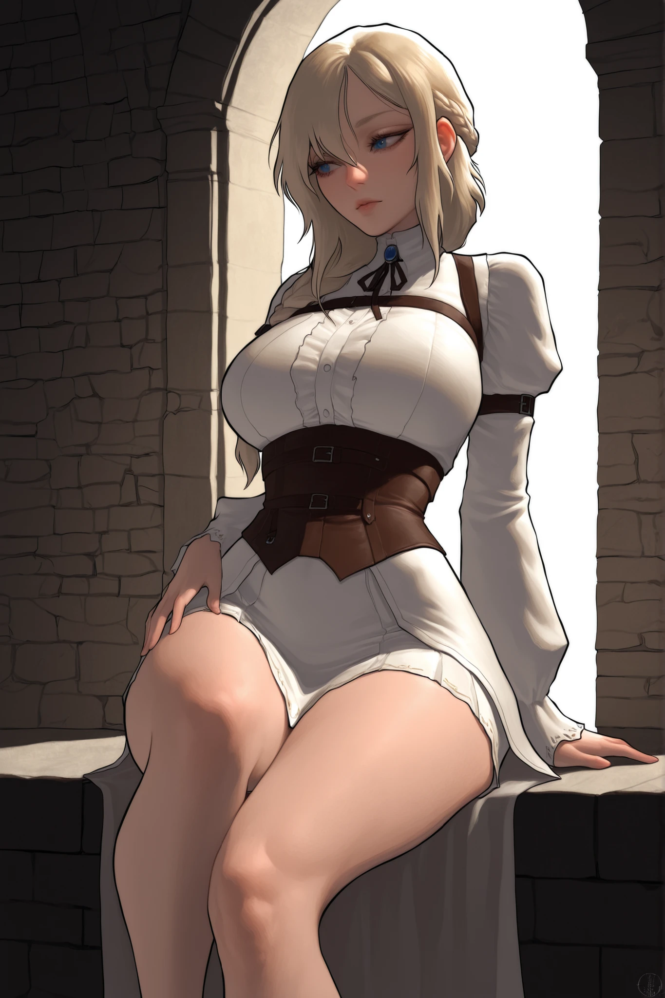 score_9, score_8_up, score_7_up, score_6_up, score_5_up, score_4_up,
BREAK
(masterpiece: 1.0), best quality, perfect anatomy, perfect composition, perfection,
BREAK
cinematic lighting, stopu42
BREAK
1girl, realistic woman, realistic proportions, hyperdetailed, peasant girl, long legs, ample butt, medieval background, jutting hip to the side, sitting, asymmetrical pose, visible hip bones, slender, blonde hair, braid, blue eyes, brown and white outfit, Nat the lich,