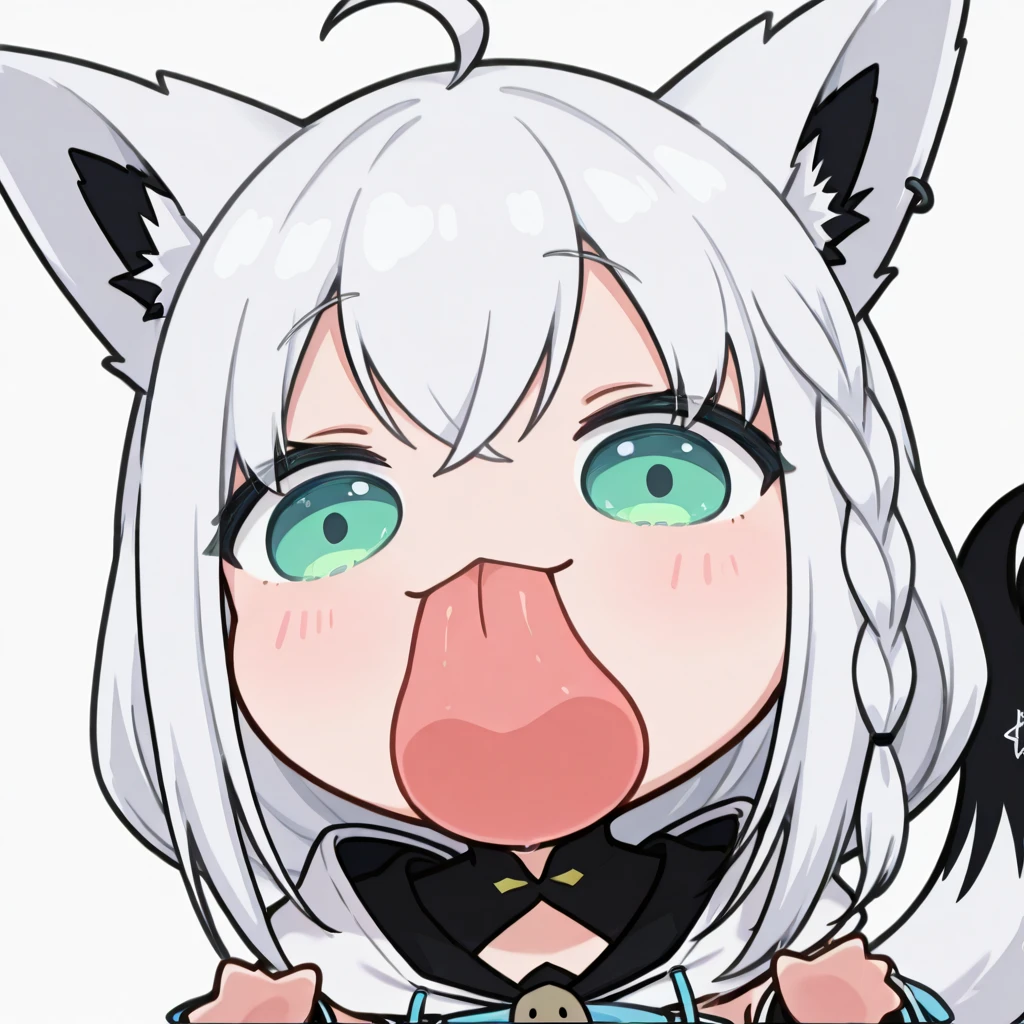 Score_9, Score_8_up, Score_7_up, Score_6_up, Score_5_up, Score_4_up, source_anime, 1girl, karyl, animal ear fluff, animal ears, black hair, black ribbon, cat ears, cat girl, cat tail, fang, green eyes, hair bow, long hair, low twintails, multicolored hair, purple bow, ribbon, skin fang, streaked hair, tail, twintails, vertical stripes, white hair, standing, penis licking, embarrassed, pov, cum in mouth